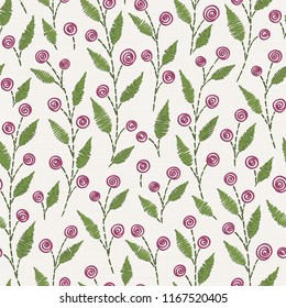 Embroidery floral seamless pattern on linen cloth texture  for textile, home decor, fashion, fabric.  stitches imitation  