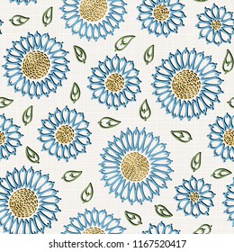 Embroidery floral seamless pattern on linen cloth texture  for textile, home decor, fashion, fabric.  stitches imitation  