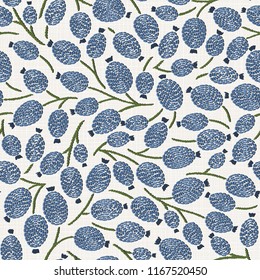 Embroidery floral seamless pattern on linen cloth texture  for textile, home decor, fashion, fabric.  stitches imitation  