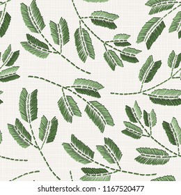 Patrón floral del bordado inconsútil en la textura de la tela de lino para la materia textil, decoración casera, moda, imitación de las puntadas de la tela.  