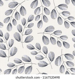 Embroidery floral seamless pattern on linen cloth texture  for textile, home decor, fashion, fabric.  stitches imitation  