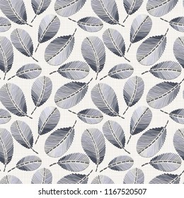 Embroidery floral seamless pattern on linen cloth texture  for textile, home decor, fashion, fabric.  stitches imitation  