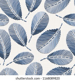 Embroidery floral seamless pattern on linen cloth texture  for textile, home decor, fashion, fabric.  stitches imitation  