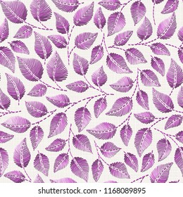 Embroidery floral seamless pattern on linen cloth texture  for textile, home decor, fashion, fabric.  stitches imitation  