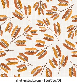 Embroidery floral seamless pattern on linen cloth texture  for textile, home decor, fashion, fabric.   