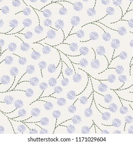 Embroidery floral seamless pattern on linen cloth texture  for textile, home decor, fashion, fabric.  stitches imitation  