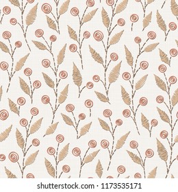 Embroidery floral seamless pattern on linen cloth texture  for textile, home decor, fashion, fabric.  stitches imitation  