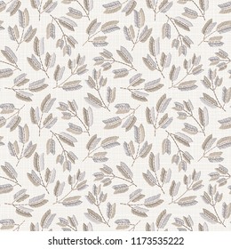 Embroidery floral seamless pattern on linen cloth texture  for textile, home decor, fashion, fabric.  stitches imitation  