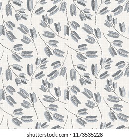 Embroidery floral seamless pattern on linen cloth texture  for textile, home decor, fashion, fabric.  stitches imitation  