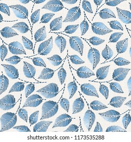 Embroidery floral seamless pattern on linen cloth texture  for textile, home decor, fashion, fabric.  stitches imitation  