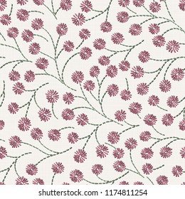 Embroidery floral seamless pattern on linen cloth texture  for textile, home decor, fashion, fabric.  stitches imitation  