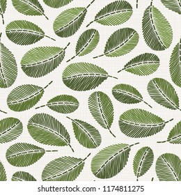 Embroidery floral seamless pattern on linen cloth texture  for textile, home decor, fashion, fabric.  stitches imitation  