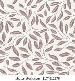 Embroidery floral seamless pattern on linen cloth texture  for textile, home decor, fashion, fabric.  stitches imitation  