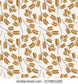 Embroidery floral seamless pattern on linen cloth texture  for textile, home decor, fashion, fabric.  stitches imitation  