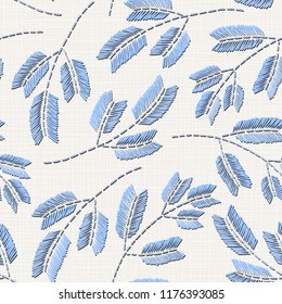 Embroidery floral seamless pattern on linen cloth texture  for textile, home decor, fashion, fabric.  stitches imitation  