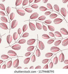 Embroidery floral seamless pattern on linen cloth texture  for textile, home decor, fashion, fabric.  stitches imitation  