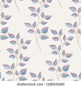 Embroidery floral seamless pattern on linen cloth texture  for textile, home decor, fashion, fabric.  stitches imitation  