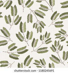 Embroidery floral seamless pattern on linen cloth texture  for textile, home decor, fashion, fabric.  stitches imitation  