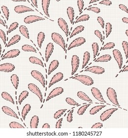 Embroidery floral seamless pattern on linen cloth texture  for textile, home decor, fashion, fabric.  stitches imitation  