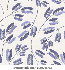 Embroidery floral seamless pattern on linen cloth texture  for textile, home decor, fashion, fabric.  stitches imitation  