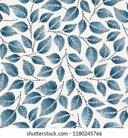 Embroidery floral seamless pattern on linen cloth texture  for textile, home decor, fashion, fabric.  stitches imitation  
