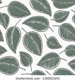 Embroidery floral seamless pattern on linen cloth texture  for textile, home decor, fashion, fabric.  stitches imitation  