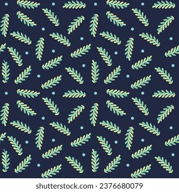 Embroidery floral seamless pattern on linen cloth texture for textile, home decor.Floral Seamless Texture With 3d Leaves.Seamless pattern of a green leaf pattern with navy background in polka dot