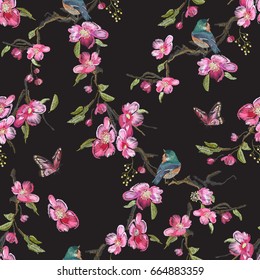 Embroidery floral seamless pattern with oriental cherry blossom and varied titmouse. Vector embroidered flowers and bird for clothing design.