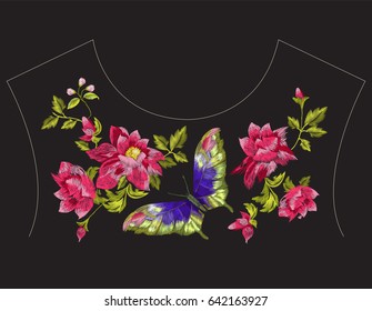 Embroidery floral seamless pattern with pansies, chamomiles and forget me not flowers. Vector traditional embroidered template with butterfly for clothing design.