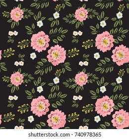 Embroidery floral seamless pattern with pink wild roses. Vector embroidered bouquet with flowers for wearing design