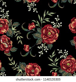Embroidery floral seamless pattern with red rose. Vector embroidered elements with flowers for wearing design.