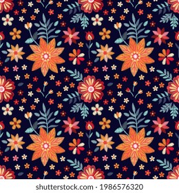 El diseño floral de bordado sin fisuras con motivos folclóricos rusos. Ornamento bordado con flores. Imprimir para tela, textil, papel envolvente