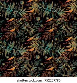 Embroidery floral seamless pattern. Vector tapestry background. Gobelin fabric. Grunge leafy wallpaper. Embroidered plants design with doodle leaves, polka dots and arras abstract ornaments. 