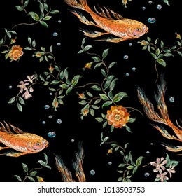 Embroidery floral seamless pattern with wild roses and gold fish. Vector traditional design set with flowers for wearing