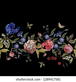 Embroidery floral seamless pattern with wild roses, poppys and butterflies. Vector traditional design set with flowers for wearing.