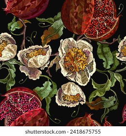 Embroidery floral style. Template for clothes, t-shirt design. Seamless pattern. Yellow peonies flowers and  ripened pomegranate fruit