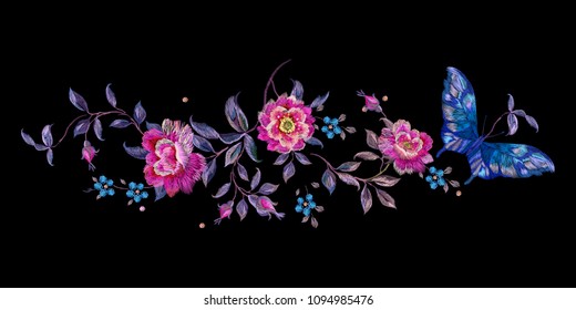 Embroidery floral traditional pattern with butterfly and roses. Vector embroidered bouquet with flowers for wearing design.