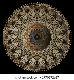 Patrón de mandala vectorial floral de bordado. Ornamento redondo de tapices barrocos. Fondo de encaje gris colorido. Flores de damasco de bordado, hojas. Textura bordada. Diseño texturado. Efecto de ajuste.