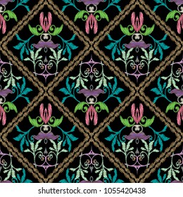 Embroidery floral vector seamless pattern. Lattice check floral grunge background. Tapestry colorful abstract flowers, swirl leaves, rhombus frames, hatching damask ornaments. Embroidered texture.