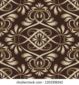 Embroidery floral vector seamless pattern. Arabian style grunge Paisley flowers. Decorative baroque tapestry ornament. Embroidered flowers, leaves, swirls, lines. Ornate gold black textured background