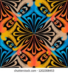 Embroidery floral vector seamless pattern. Baroque style grunge Damask flowers. Decorative baroque tapestry ornament. Embroidered flowers, leaves, swirls, lines. Ornate colorful textured background