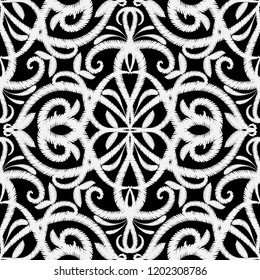 Embroidery floral vector seamless pattern. Ethnic style grunge Paisley flowers. Decorative baroque tapestry ornament. Embroidered flowers, leaves, swirls, lines. Ornate black white textured background