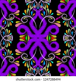Embroidery floral vector seamless pattern. Damask style grunge Paisley flowers. Decorative Baroque tapestry ornament. Embroidered flowers, leaves, swirls, lines. Colorful stitching textured design