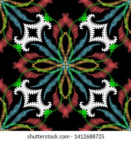 Embroidery floral vector seamless pattern. Colorful vintage grunge  Baroque Damask background. Tapestry wallpaper. Arras Damask flowers, leaves, hatching stitch ornament. Embroidered ornate texture. 