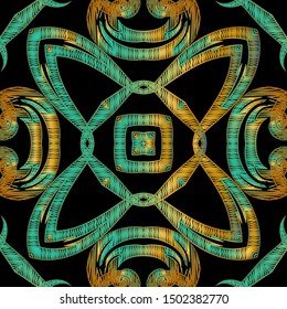 Embroidery floral vector seamless pattern. Tribal grunge abstract flowers. Decorative ethnic tapestry modern ornament. Embroidered design. Ornate stitching textured geometric ornaments.