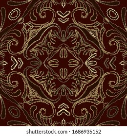 Embroidery floral vector seamless pattern. Ornamental modern background. Repeat backdrop. Tapestry vintage gold flowers, stitching lines, leaves. Embroidered ethnic style ornaments. Grunge texture.