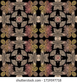 Embroidery floral vector seamless pattern. Colorful grunge background. Tapestry wallpaper. Carpet. Fabric. Ethnic style textured flowers, leaves. Stitching ornaments. Embroidered endless texture.
