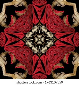 Embroidery floral vector seamless pattern. Baroque ornaments. Colorful grunge background. Tapestry wallpaper. Arras damask flowers, leaves, frames.  Embroidered texture. Textured ornamental design.