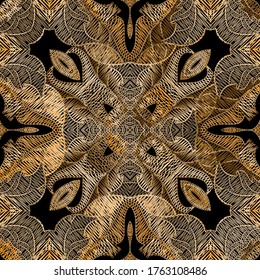 Vector floral de bordado sin fisuras. Ornamentos barrocos. Fondo dorado. Papel tapiz. Flores de damasco de Gobelin, hojas. Textura bordada. Diseño ornamental texturizado.