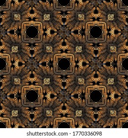Vector floral de bordado sin fisuras. Ornamentos barrocos. Borde de fondo. Papel tapiz. Flores de damasco gruesas de bordado, hojas. Textura de gobelina bordada. Diseño de zag en zig texturizado.